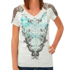 Buckle Angels & Diamonds Teal Black Lace Top Blouse BKE Buckle
